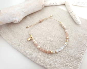 Personalisierbares Perlen-Armband - Mondstein - Sonnenstein - Halbedelsteine/Edelstahl - weiß/rosa/gold Name Gravur Sommer Festival Handmade