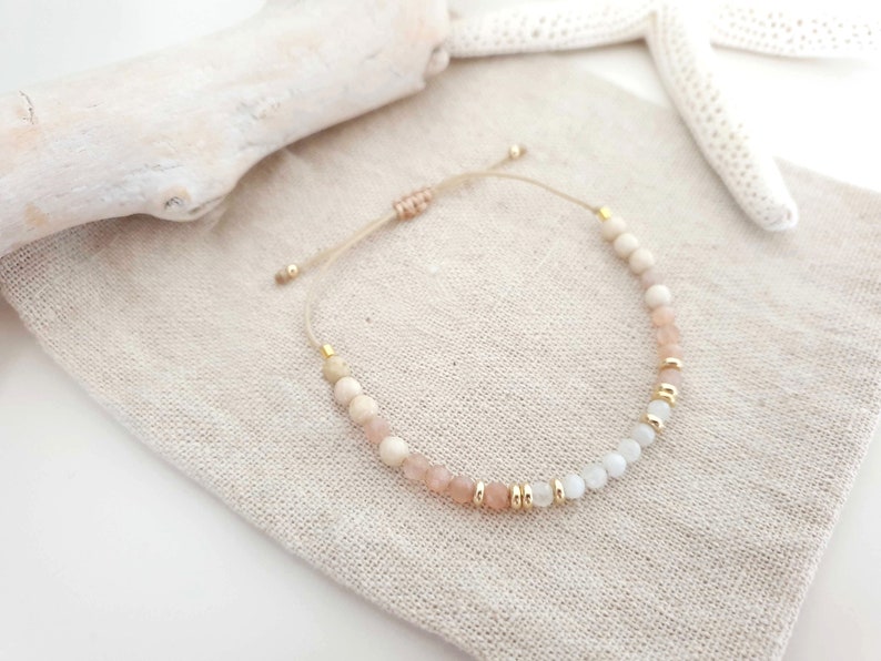 Moonstone, Sunstone and Fossil Beads Bracelet Pearl Bracelet -- Semi-Precious Stones/Stainless Steel -- White/Pink/Beige/Gold Summer Festival Handmade 