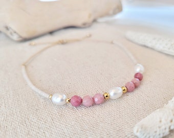 Personalizable bracelet - stainless steel - pink/white/gold pearl & rhodonite - friendship bracelet - initials - engraving - engraved jewelry