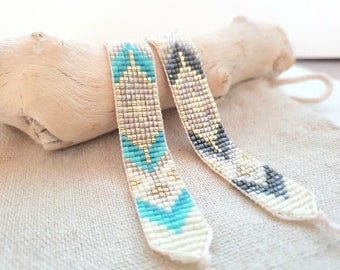 Woven Beaded Bracelet Delica Beads -- gold/cream white/turquoise/grey -- Summer Festival Handmade