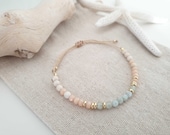 Aquamarine and Fossil Beads Bracelet Pearl Bracelet Semi-Precious Stones Stainless Steel Blue Pink Gold Summer Festival Handmade