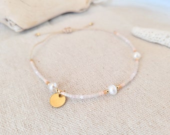 Personalizable bracelet - stainless steel & pearl - pink/white/turquoise/gold Handmade friendship bracelet - initials - engraving - engraved jewelry