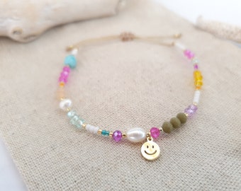 Smiley bracelet pearl bracelet -- freshwater pearls/stainless steel -- colorful/gold summer festival handmade neon