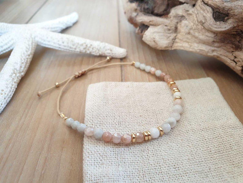 Personalizable beaded bracelet sunstone and agate semi-precious stones/stainless steel pink/light gray/gold summer festival handmade engraving image 5