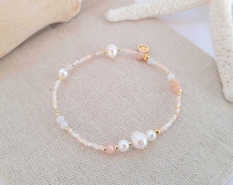 Maritime stretch bracelet friendship band Delica beads pearl stainless steel bead beige/white/pink/gold summer festival handmade handmade smiley