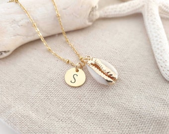 Personalizable necklace - stainless steel & cowrie shell - golden stainless steel necklace - engraving initials name necklace names summer festival handmade