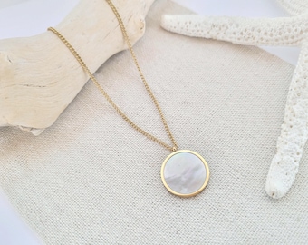 Personalizable necklace - stainless steel & mother of pearl - golden stainless steel necklace - initials engraving name necklace summer festival handmade