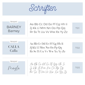 Peut inclure: Un graphique bleu et blanc avec le texte "Schriften" en haut. Trois exemples de diff&eacute;rentes polices sont affich&eacute;s avec les noms "BARNEY", "CALLA" et "Mayla" et l'alphabet dans chaque police.