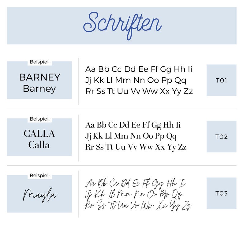 Peut inclure: Un graphique bleu et blanc avec le texte "Schriften" en haut. Trois exemples de diff&eacute;rentes polices sont affich&eacute;s avec les noms "BARNEY", "CALLA" et "Mayla" et l'alphabet dans chaque police.