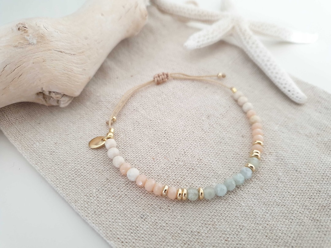 Personalizable Pearl Bracelet Aquamarine and Fossil Beads Semi-precious ...