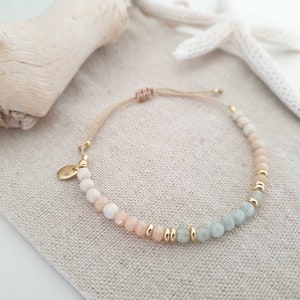 Bracelet perles personnalisable - perles aigue-marine et fossiles - pierres semi-précieuses/acier inoxydable - festival d'été bleu/rose/or gravure fait main