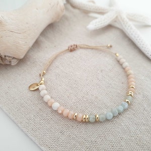 Personalized beaded bracelet - aquamarine and fossil beads - semi-precious stones/stainless steel - blue/pink/gold summer nautical handmade engraving