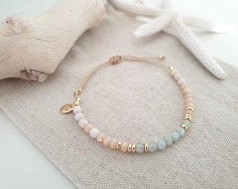 Personalizable pearl bracelet - aquamarine and fossil beads - semi-precious stones/stainless steel - blue/pink/gold summer festival handmade engraving