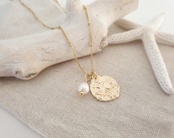 Stainless steel necklace with gold plated pendant and real pearl --- summer coin coin festival ooak surf layer