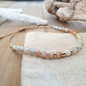 Personalizable beaded bracelet sunstone and agate semi-precious stones/stainless steel pink/light gray/gold summer festival handmade engraving image 8