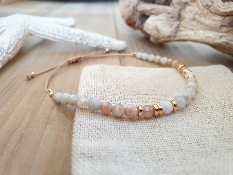 Personalizable beaded bracelet sunstone and agate semi-precious stones/stainless steel pink/light gray/gold summer festival handmade engraving image 8