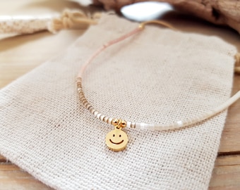 Bracelet friendship band stainless steel smiley pendant and Delica beads beach wear surf festival macrame summer gold white rose turquoise beads