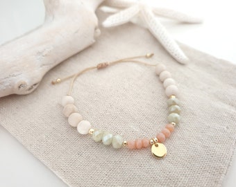 Personalizable pearl bracelet - friendship bracelet semi-precious stone, cut glass & stainless steel - initials engraving summer festival boho surf