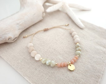 Personalized beaded bracelet - friendship bracelet with semi-precious stones, cut glass & stainless steel - initial engraving, summer festival, boho surf
