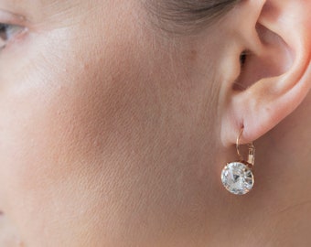 Clear Swarovski Crystal Solitaire Earrings, Rose Gold Dangle Earrings, bridesmaid Minimalist Drop Earrings, Dainty Classic Bridal Earrings