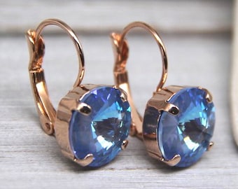 Blue Crystal Stone Earrings, Antique Swarovski Crystal Earrings, Small Solitaire Earrings, Minimalist Glam Earrings, Dainty Sparkle Earrings