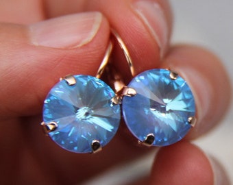 Blue Drop Swarovski Crystal Earrings, Antique Drop Earrings, Minimalist Elegant Earrings, Dainty Evening Earrings, Blue Bridal Earrings