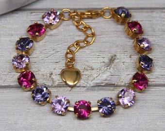 Purple and Pink Bracelet, Sparkle Crystal Bracelet, Tennis Bracelet For Women, Vintage Jewelry, Wedding Bracelet, Rhinestone Bracelet