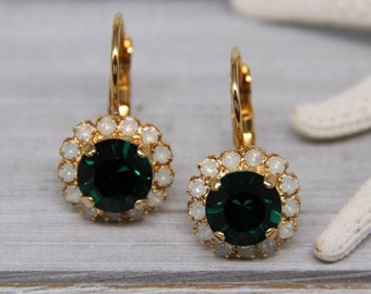 Swarovski Rhinestone Earrings, Royal Green Crystal Drop Earrings, Elegant Evening Earrings, Antique Style Earrings, Classic Gold Jewelry