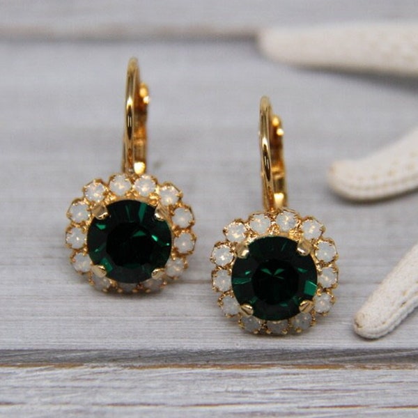 Swarovski Rhinestone Earrings, Royal Green Crystal Drop Earrings, Elegant Evening Earrings, Antique Style Earrings, Classic Gold Jewelry