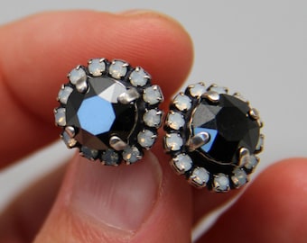 Vintage Black Earrings, Antique Stud Earrings, Swarovski Crystal Rhinestone Earrings, Small Black Evening Earrings, Small Wedding Earrings