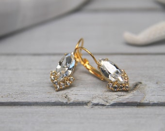 Bridal Crystal Drop Leverback Earrings, Navette Rhinestone Wedding Earrings, Bridesmaid Earrings, Statement Austrian Crystal Jewelry
