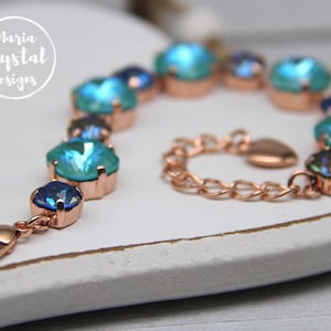 Sparkle Blue Crystal Bracelet For Women, Blue Rhinestone Tennis Bracelet, Shiny Gold Plated Jewelry, Crystal Jewelry