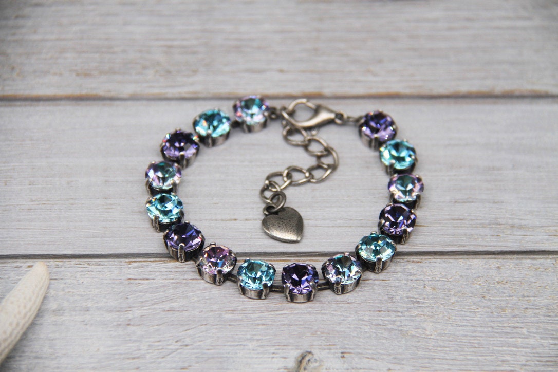 Pulsera de tenis de cristal: aguamarina, vitrail y tanzanita - Joyería para dama de honor