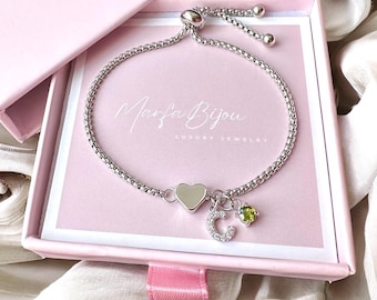 Braccialetto personalizzato a forma di cuore da donna • Braccialetto con iniziale • Regalo per la festa della mamma • Regalo di compleanno per donna • Regalo di San Valentino