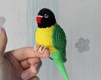 Juguete mascota de ganchillo, pájaro de amor verde, tortolito enmascarado negro, peluche personalizado, regalo de pájaro para mamá, juguete de loro africano, regalo de los amantes del ganchillo