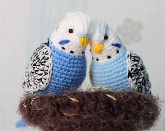 Crochet blue budgie Easter birds realistic plush stuffed animal family parrot couple amigurumi toy gift granny custom pet plush sculpture