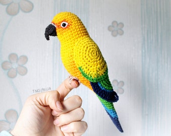 Sun Conure Figurine Crochet Parakeet Plush Toy as Gift for Parrot lovers Colorful Tropical Decor Sculpture