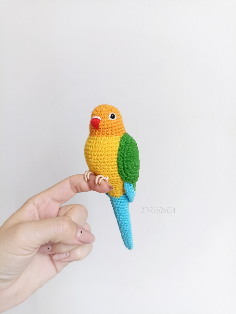 Crochet colorful Conure bird Stuffed animal themed toy bird messanger Amigurumi toy postman Parakeet toy gift for mother Plush Memorial image 8