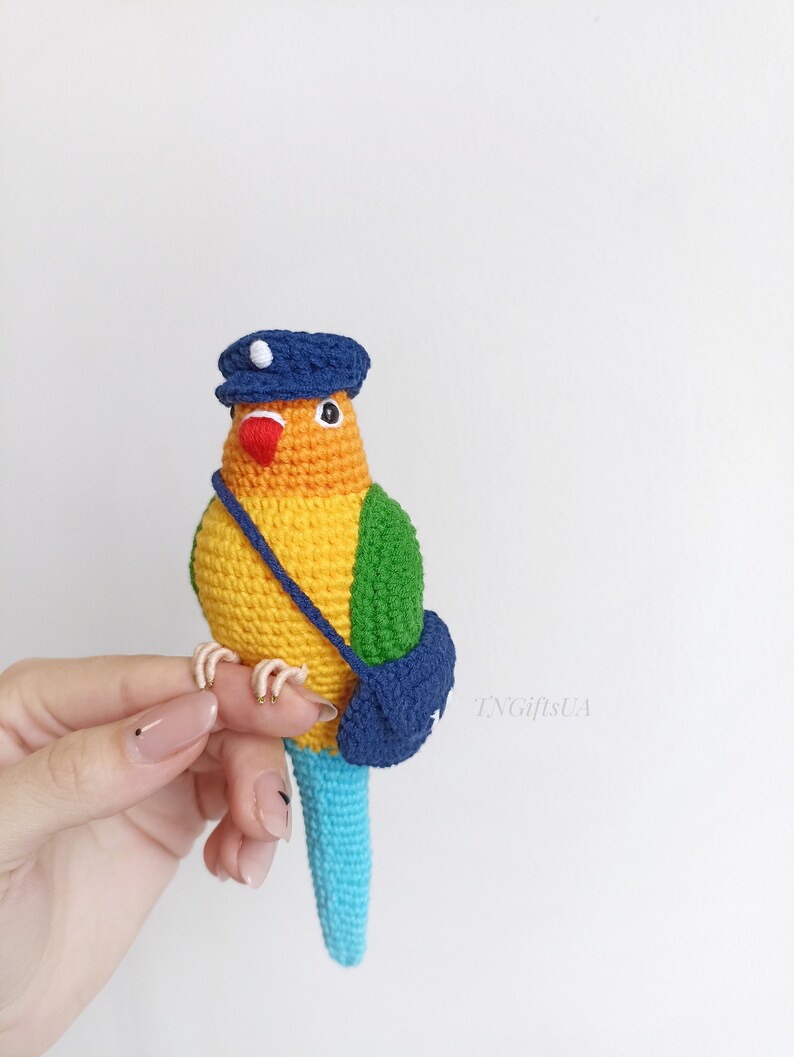 Crochet colorful Conure bird Stuffed animal themed toy bird messanger Amigurumi toy postman Parakeet toy gift for mother Plush Memorial image 6