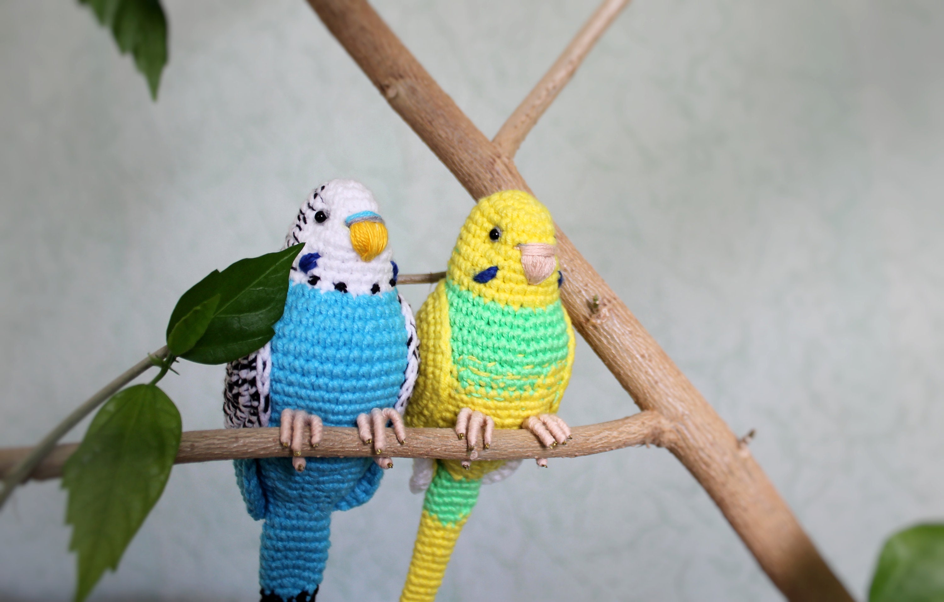 Crochet Budgie Couple Birds Blue Parrot in Love Parrotlet Green