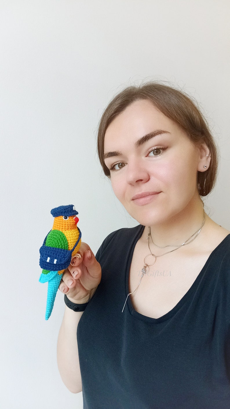 Crochet colorful Conure bird Stuffed animal themed toy bird messanger Amigurumi toy postman Parakeet toy gift for mother Plush Memorial image 1