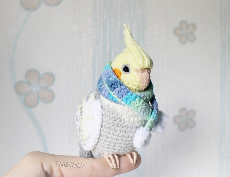 Crochet custom Pearl Cockatiel parrot ornament Plush bird Amigurumi toy Personalized gift Pet loss Stuffed animal Sculpture image 10