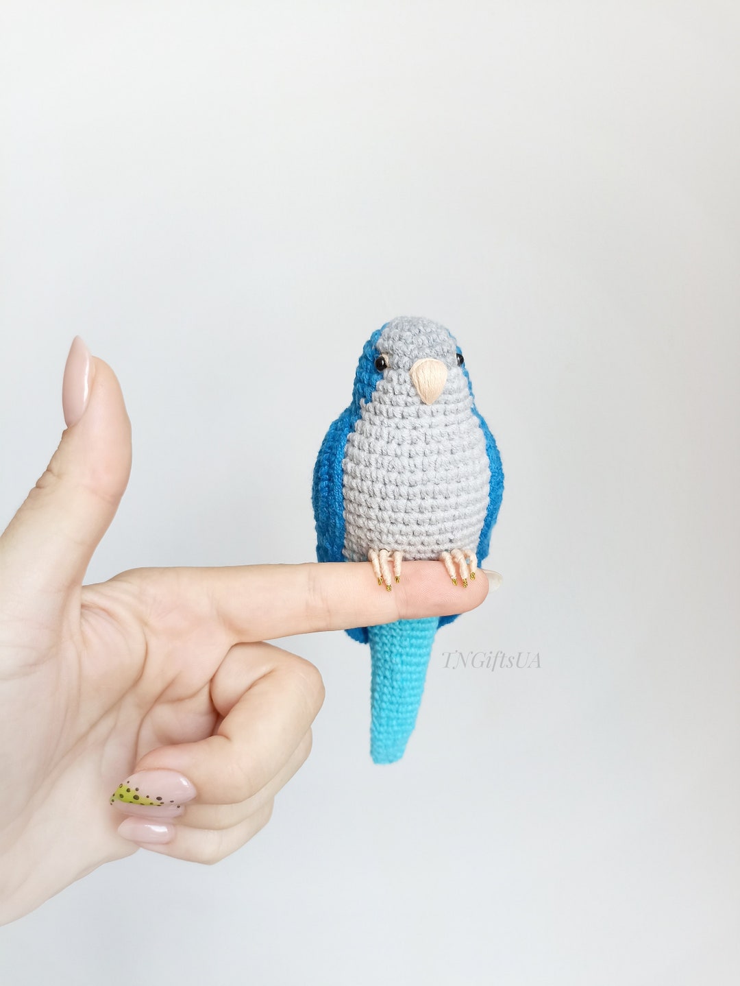 Crochet Blue Quaker Parrot, Stuffed Bird Sculpture, Amigurumi Toy