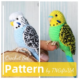 Crochet Budgerigar PDF PATTERN Set of 2 Parrot Tutorial Green and Blue Budgie Stuffed Animal Plush Toy bird  Pet loss