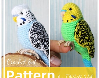 Crochet Budgerigar PDF PATTERN Set of 2 Parrot Tutorial Green and Blue Budgie Stuffed Animal Plush Toy bird  Pet loss