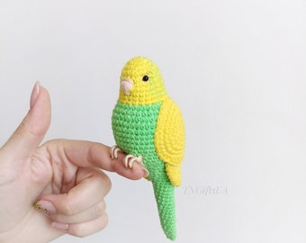 Green Yellow Parakeet Crochet Amigurumi toy Stuffed animal Tropical decor for room studio Gift for pet loss
