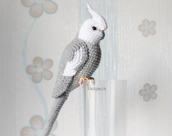 Crochet Whiteface Cockatiel Sculpture, Life-Size Plush Parrot Birdlovers gift present