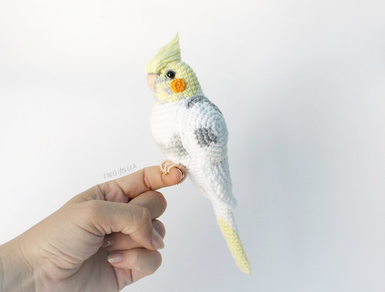 Crochet custom Pearl Cockatiel parrot ornament Plush bird Amigurumi toy Personalized gift Pet loss Stuffed animal Sculpture image 2