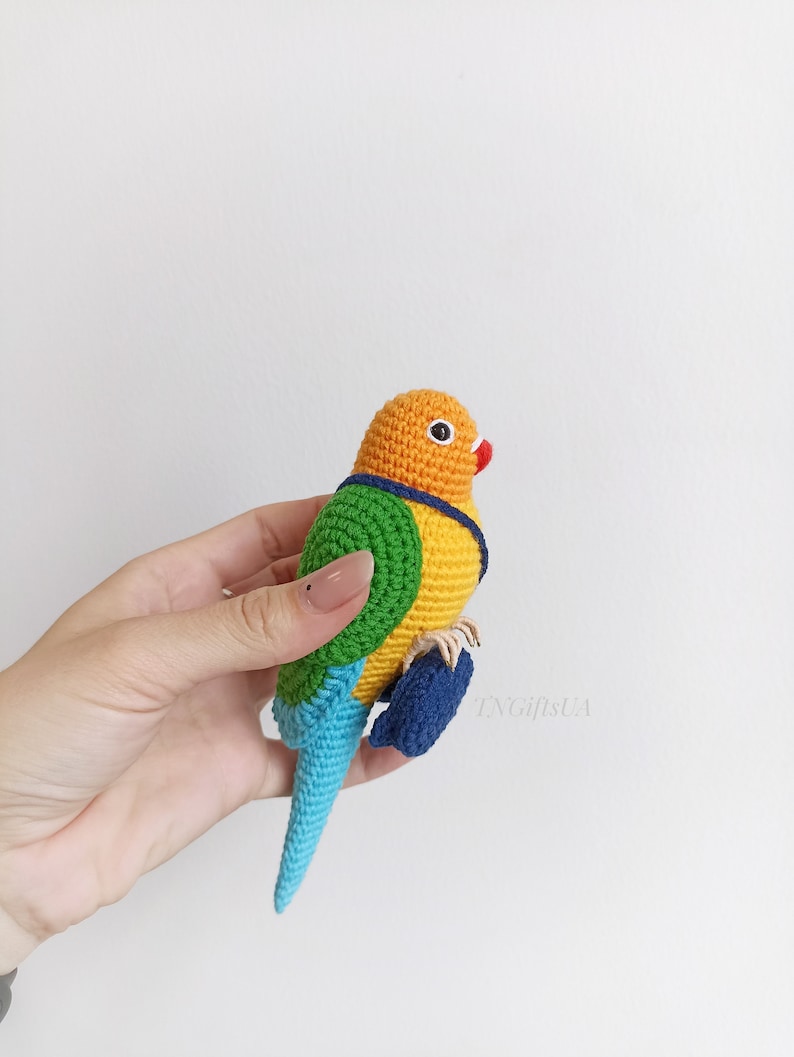 Crochet colorful Conure bird Stuffed animal themed toy bird messanger Amigurumi toy postman Parakeet toy gift for mother Plush Memorial image 10