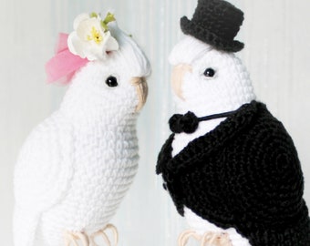 Crochet white cockatiel albino parrots couple of 2 birds Amigurumi wedding gift toy love story gift for girlfriend